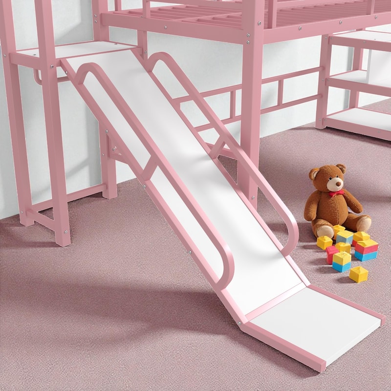 Twin/Full Metal House Loft Bed with Slide and Stairs, Kids Playhouse Bed with Roof, Storage Shelves & Guardrails