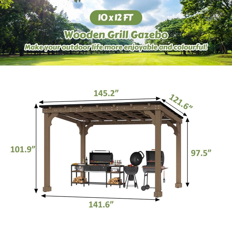 VEIKOUS Wood BBQ Grill Gazebo with Steel Roof for Patio Garden Backyard and Lawn
