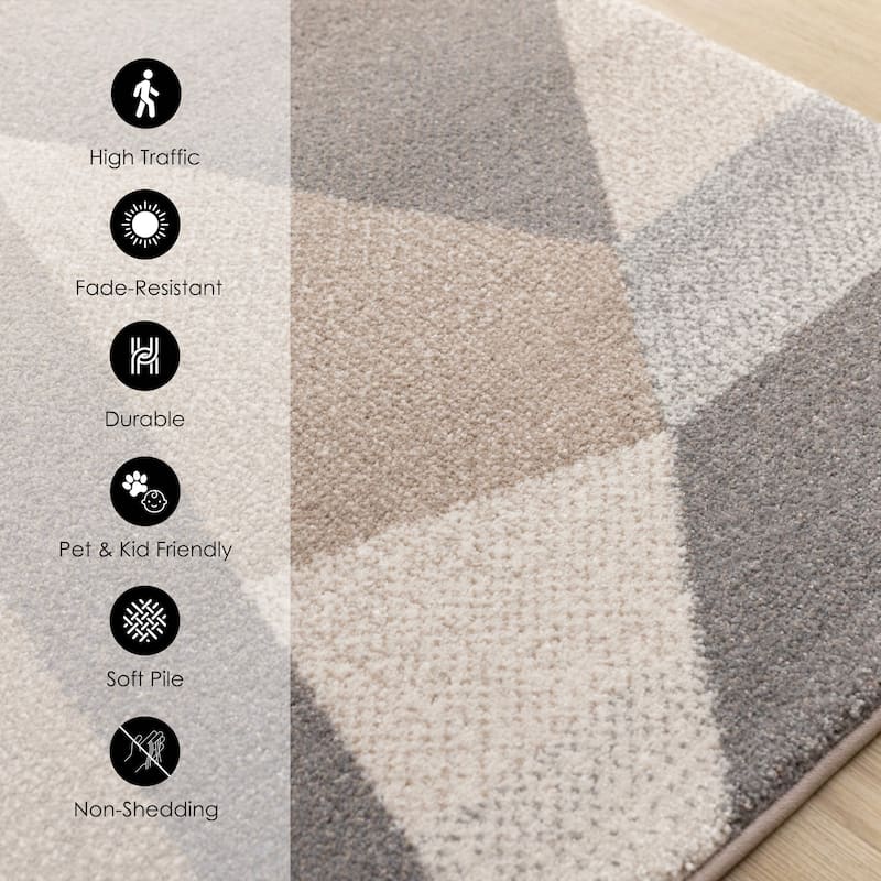 Taupe Beige Grey White Shattered Geometric Dense High-Traffic Rug