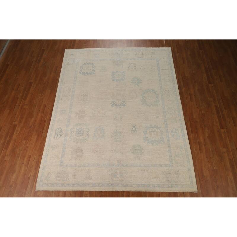 Oushak Turkish Area Rug Vegetable Dye Hand-Knotted Beige Wool Carpet - 7'9"x 10'2"