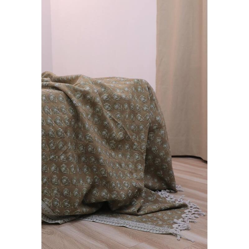 Fabdivine Rohini Handwoven Cotton Throw Blanket - Floral Block Print Decorative Home Accent with Artisan Fringe, 90" x 54"