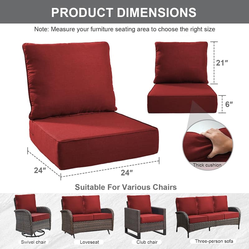 Gymojoy 24"x24"x6" Thick Cushions & Pillows Set - Deep Seat Indoor/Outdoor Water & Fade Resistant