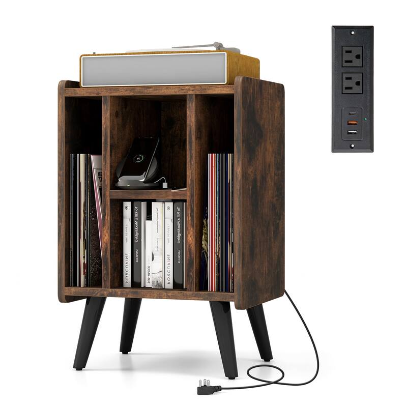 Gymax Record Player Stand w/ 4 Storage Compartments Supporting Legs - Brown - Wood