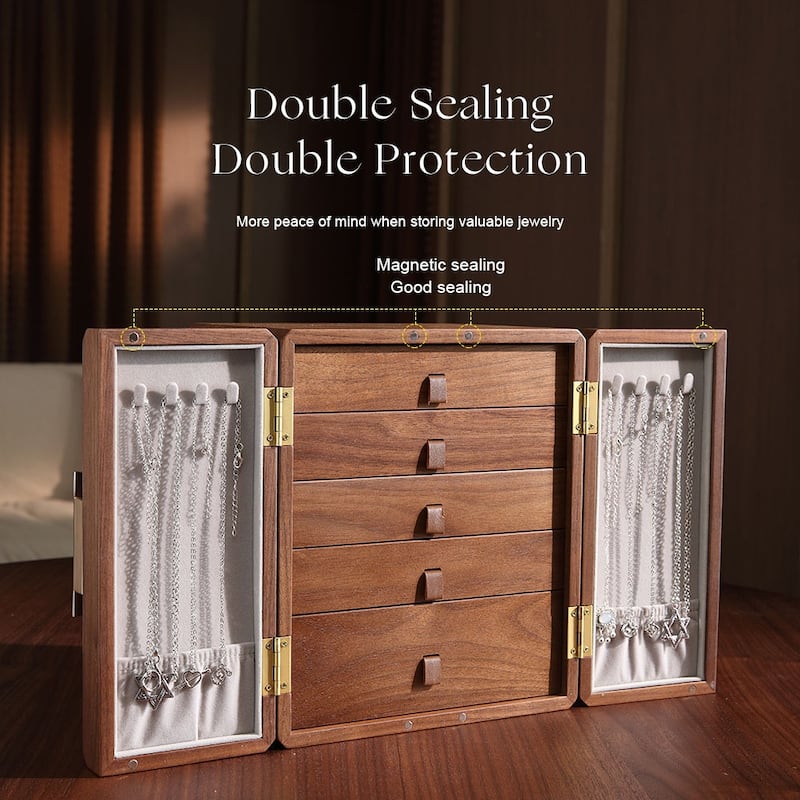 Walnut Color Double Doors with Begonia Handle 5-Layer High Capacity Jewelry Box - 9.06