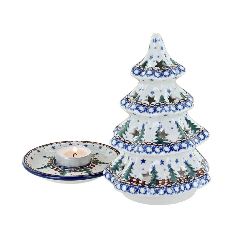 Blue Rose Polish Pottery 513 Ceramika Artystyczna Medium Christmas Tree Luminary