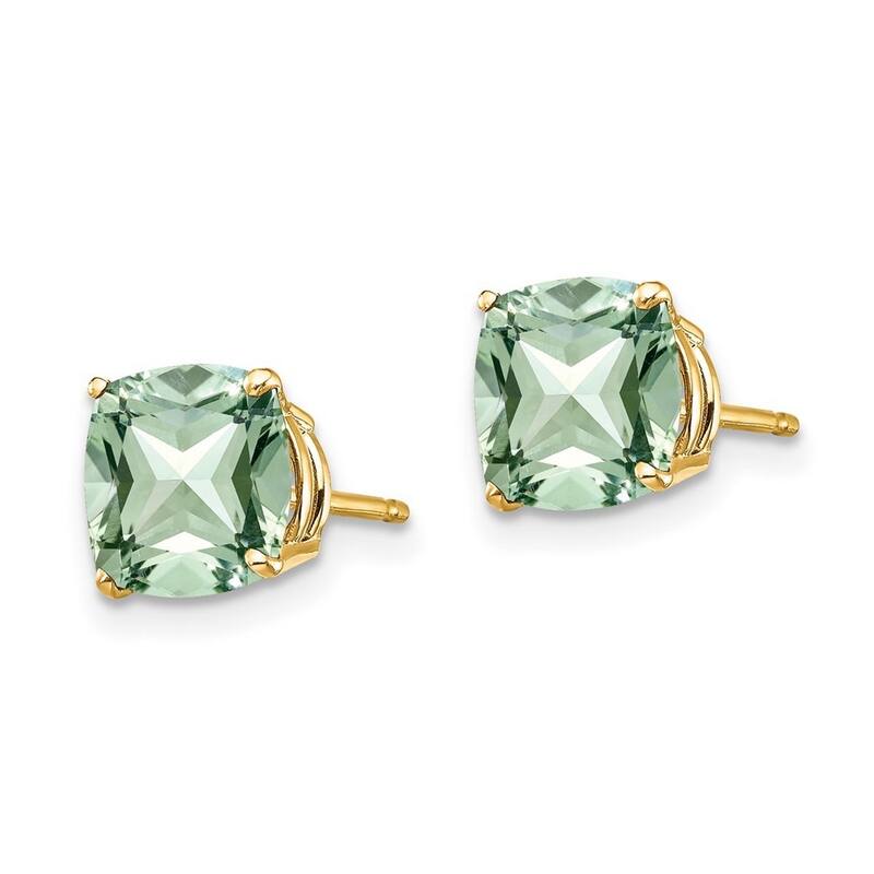 Curata 14k Yellow Gold 7mm Cushion Green Amethyst Earrings
