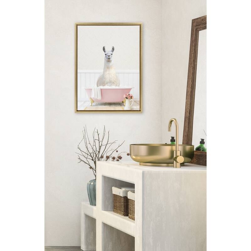 Kate and Laurel Sylvie Llama Rose Bath Framed Canvas by Amy Peterson