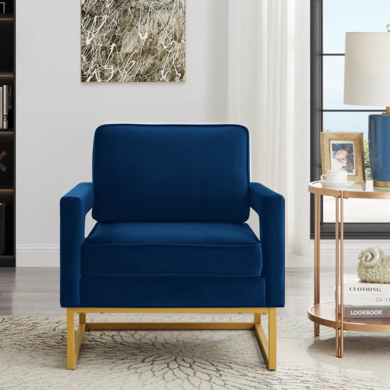 Modern Style Accent Chair with Gold Metal Base , Velvet Upholstered Leisure Chair with Open Armrest, Armchair