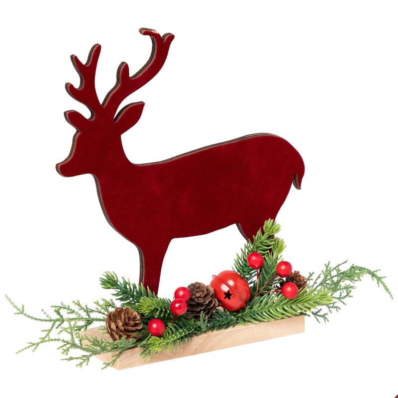 Deer and Jingle Bell Christmas Decoration - 8"- Red and Green