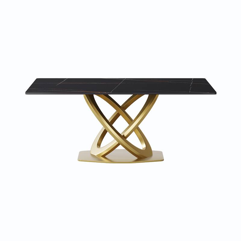70'' White Sintered Stone Dining Table with Stainless Steel Gold Pedestal