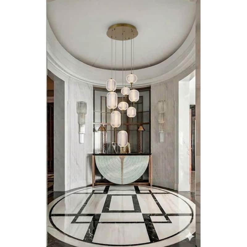 9-Light Flushed Brass Dimmable LED Chandelier With Hanging Clear PC shades