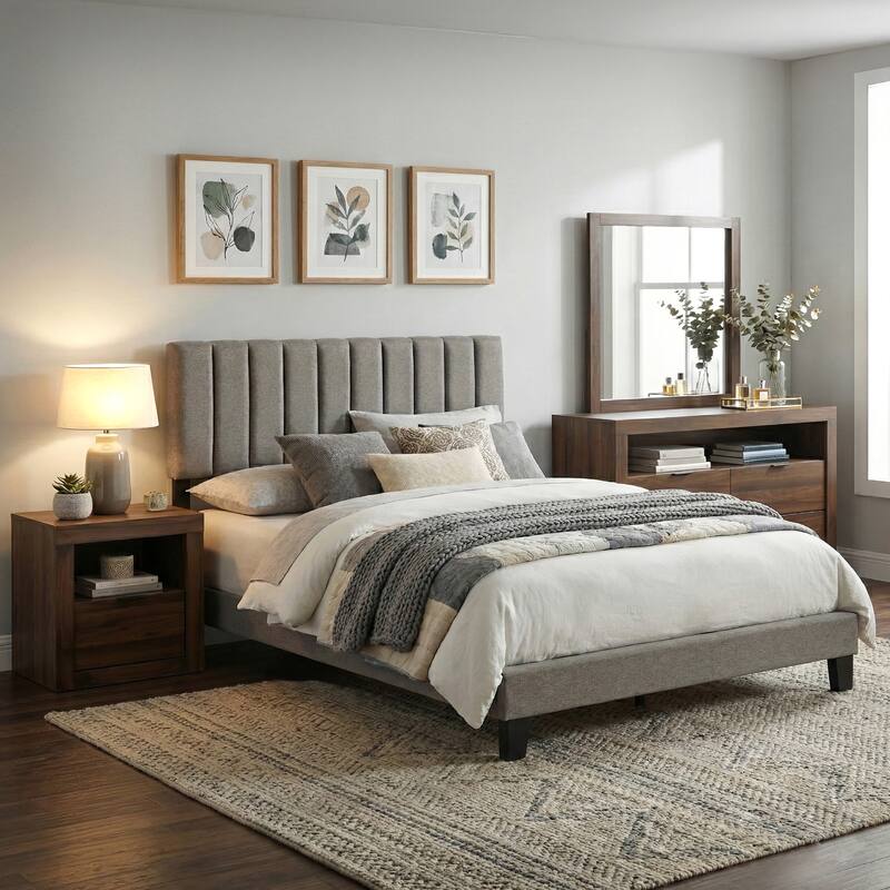 Furniture of America Merro Modern 4-Piece Solid Wood Bedroom Set - Walnut/Brown - Queen