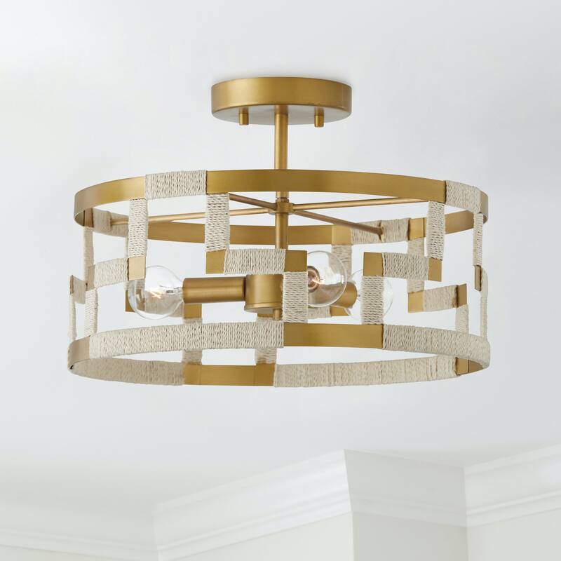 Hala 3-light Bleached Natural Jute/ Patinaed Brass Dual Mount Semi-Flush/ Pendant