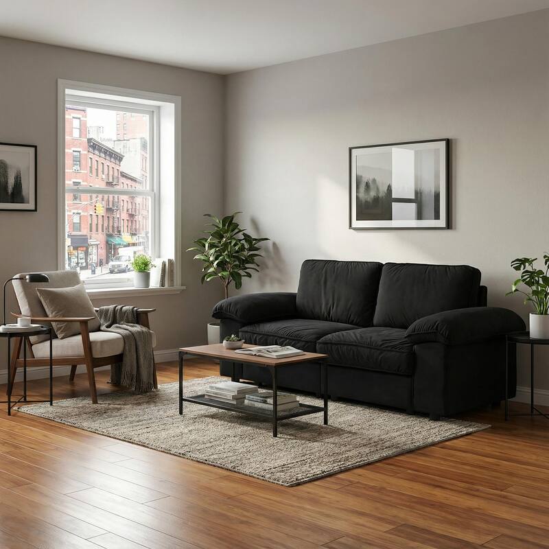 Roomfitters Modern Overstuffed Upholstered Sofa with Hidden Storage and Padded Arms, Comfy Loveseat for Small Space