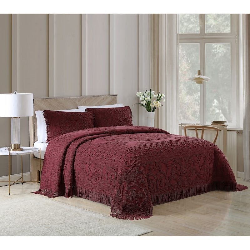 Medallion Chenille Bedspread. - Burgundy - Full