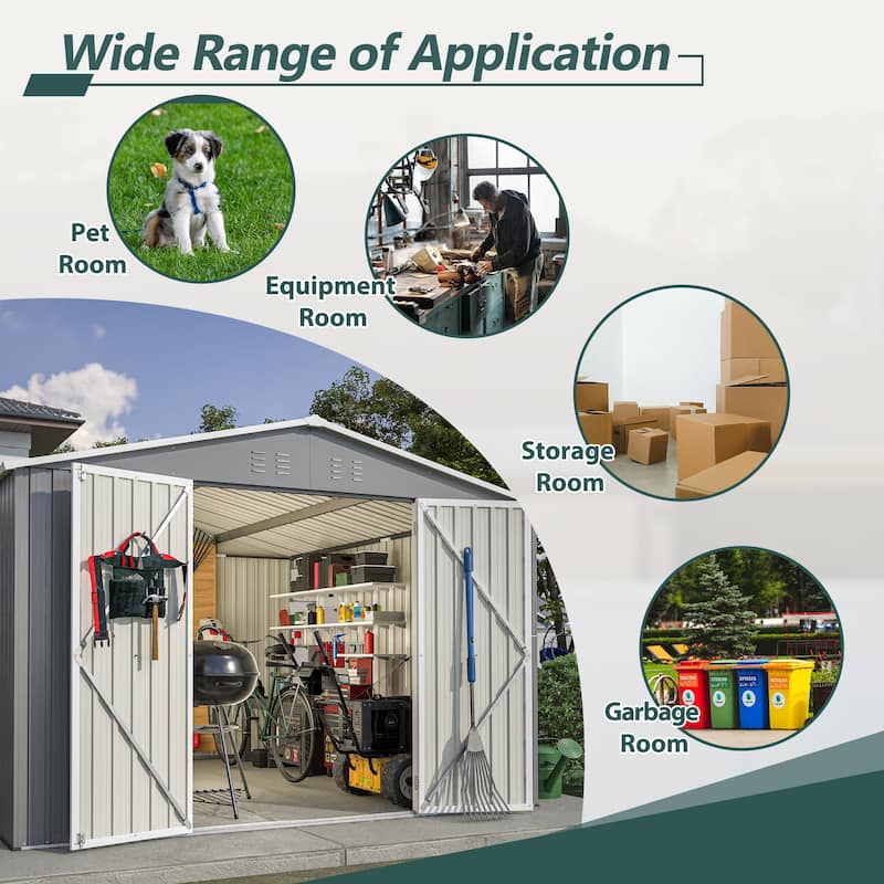 GDFStudio - Cassandra Large 10 x 10 FT Outdoor Metal Storage Shed with Lockable Doors