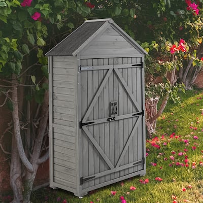 Outdoor Storage Cabinet with Removable Shelves, Wooden Closet Garden Tool Shed with Adjustable Feet, Waterproof Roof