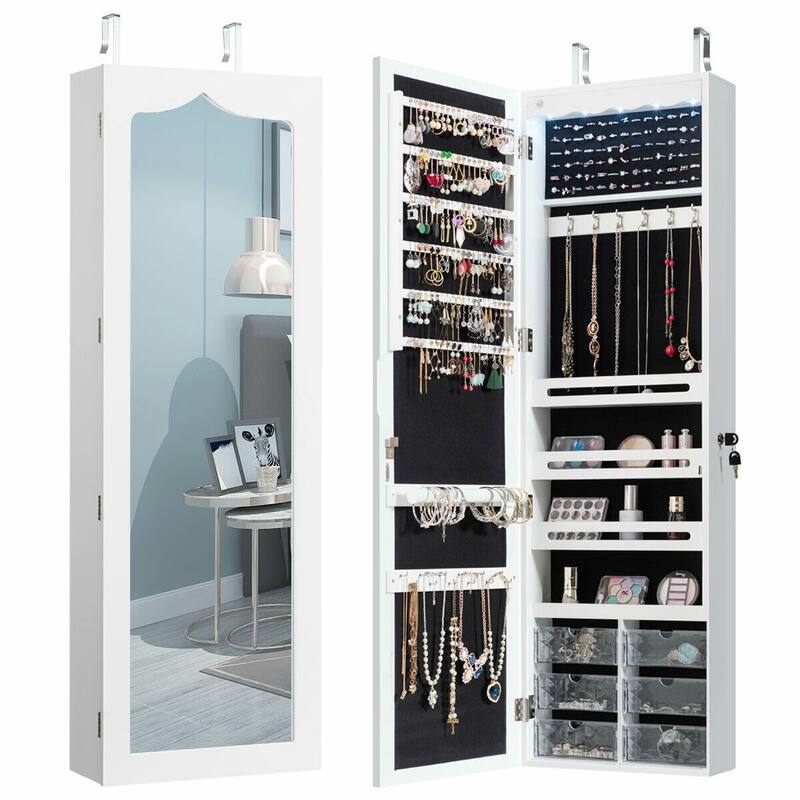 Gymax Wall Door Mounted Jewelry Cabinet Organizer LED Mirror White - White