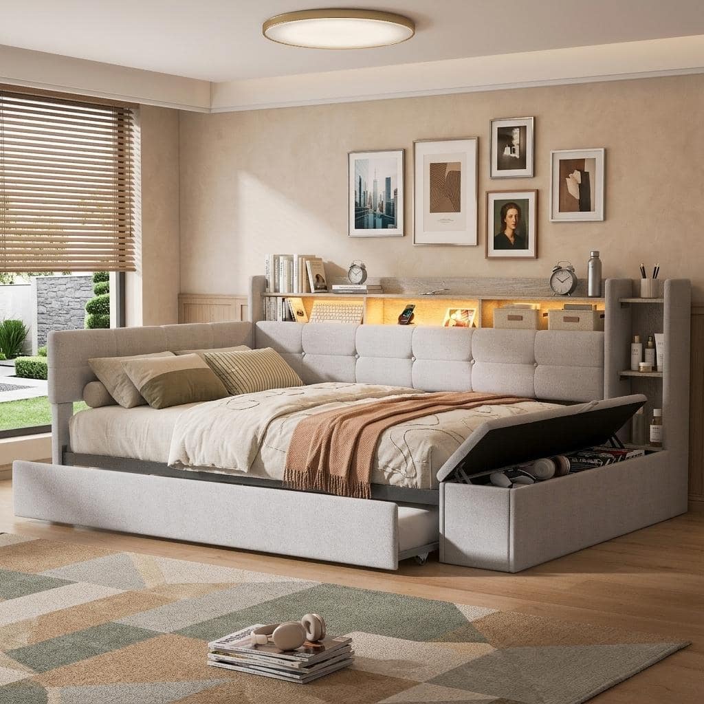 Upholstered Daybed with Trundle, Storage, LED & USB Charging by Harper&Bright Designs