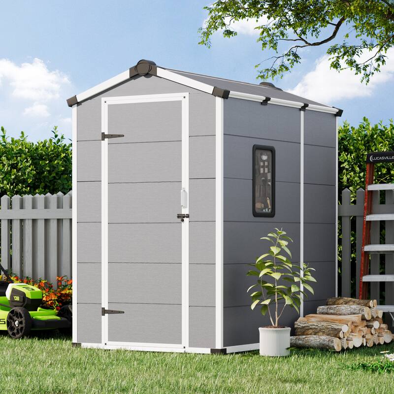 EROMMY Outdoor Storage Shed with Built-In Floor, Lockable Double Doors & Sloped Roof, Gray/Black - 4' x 6' - Grey