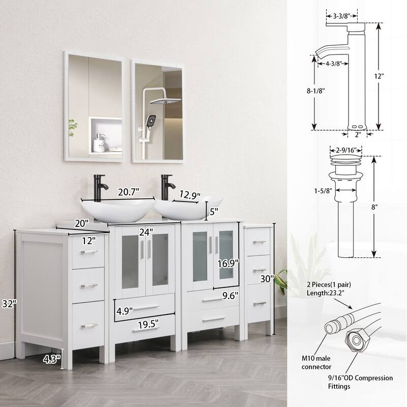 72" Bathroom Vanity Set Glass Ceramic Vessel Sink Side Cabinet Combo