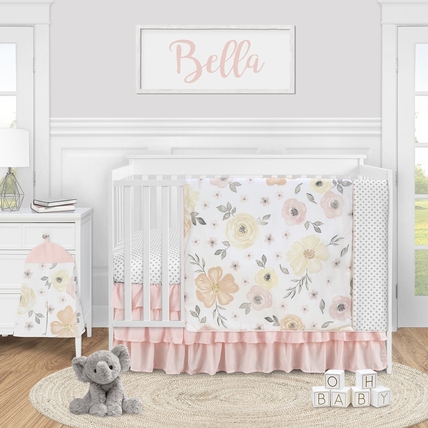 Yellow and Pink Watercolor Floral Girl 4pc Nursery Crib Bedding