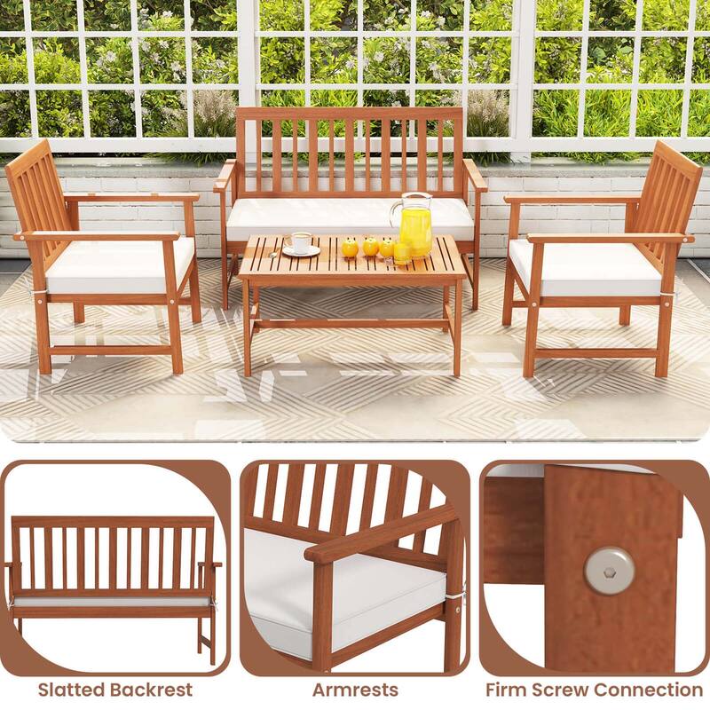 Costway 4/8 PCS Acacia Wood Furniture Set Coffee Table & 2 Armchairs