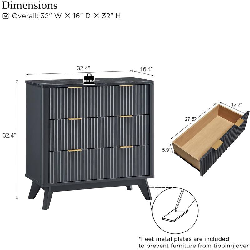 Modern fluted 3 Chest of Drawers, Dresser for Bedroom, Living Room