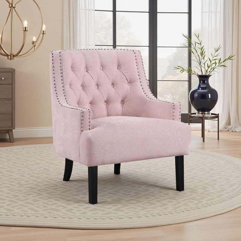 Daisie Accent Armchair, Button Tufted Pink Chenille, Solid Wood