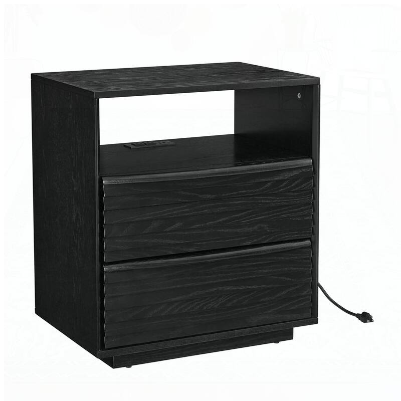 Nightstand with Charging Station and 2 Solid Wood Drawers