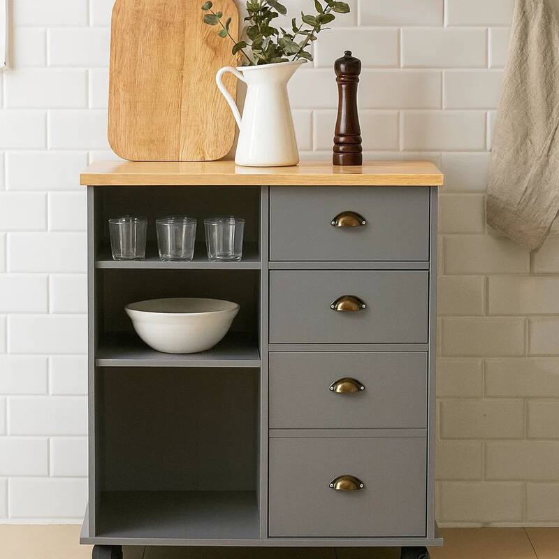 Rolling Kitchen Island Bar Cart, Drawers Shelves, Wheels, Brown, Gray