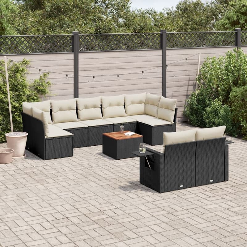 vidaXL Patio Sofa Set with Cushions Outdoor Furniture 10 Piece Poly Rattan - Black and Cream 2x corner + table + 5x middle - 21.7 x 21.7 x 14.6
