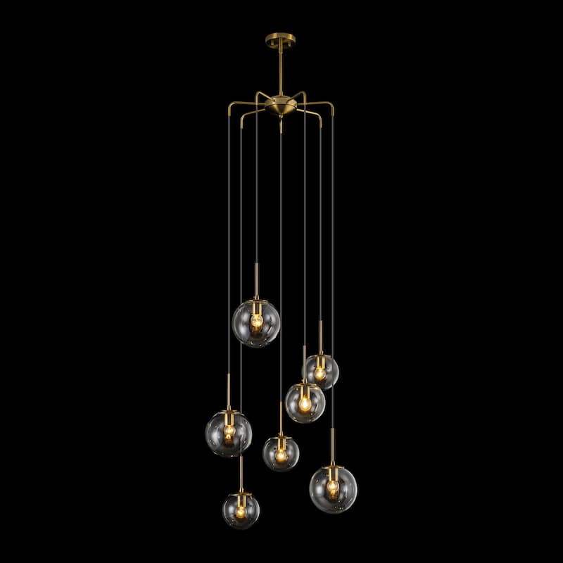 7-Light Modern Linear Cluster Gold Clear Glass Globe Bubble Chandelier Light for Stairways - 23.62 in. W x 47.24 in. H