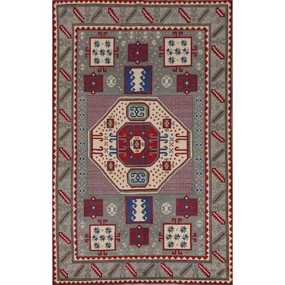 Geometric Gray Kazak Oriental Area Rug Handmade Wool Carpet - 6'4" x 10'0"