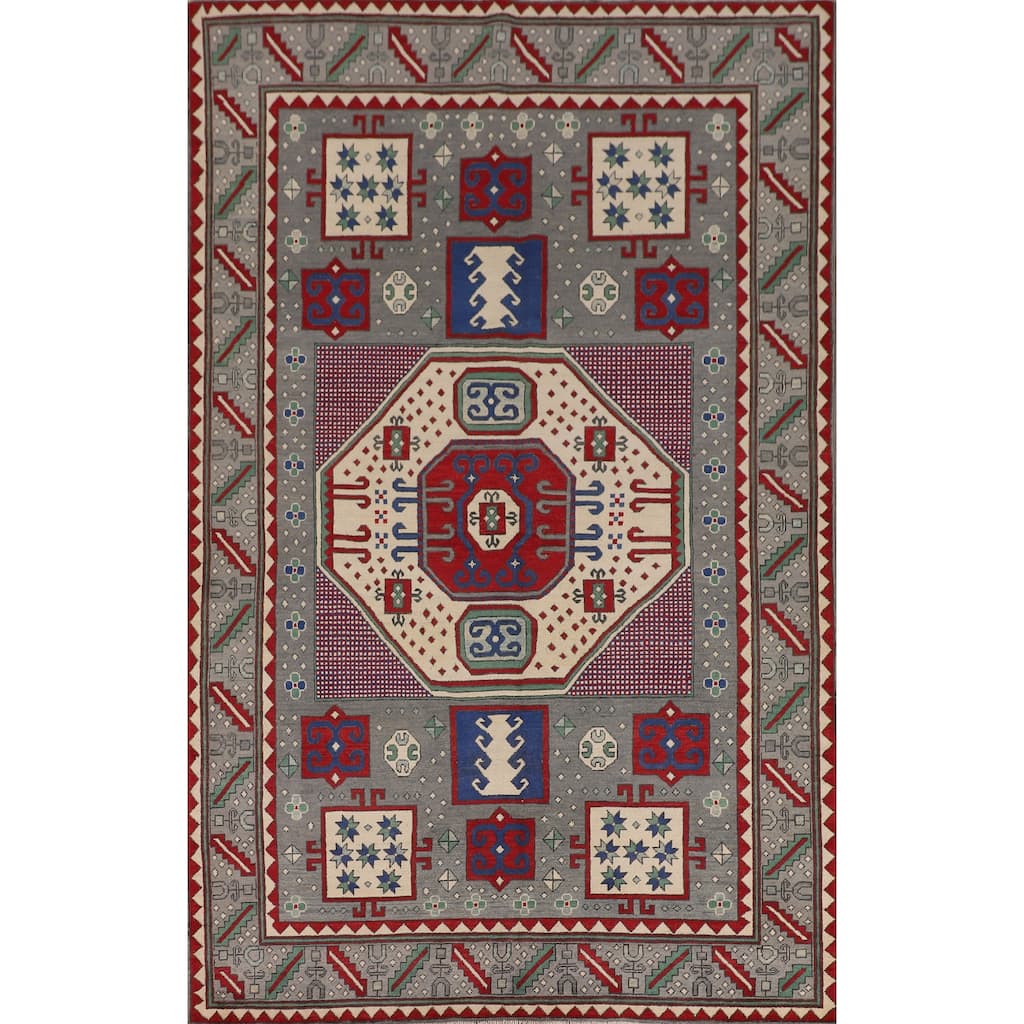 Geometric Gray Kazak Oriental Area Rug Handmade Wool Carpet - 6'4" x 10'0"