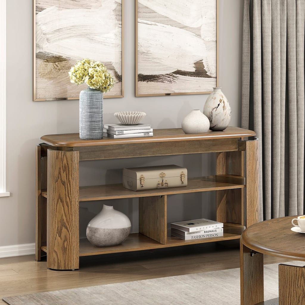 Brown Finish Sofa Table with Storage Open Shelves Living Room Furniture 1pc Console Table