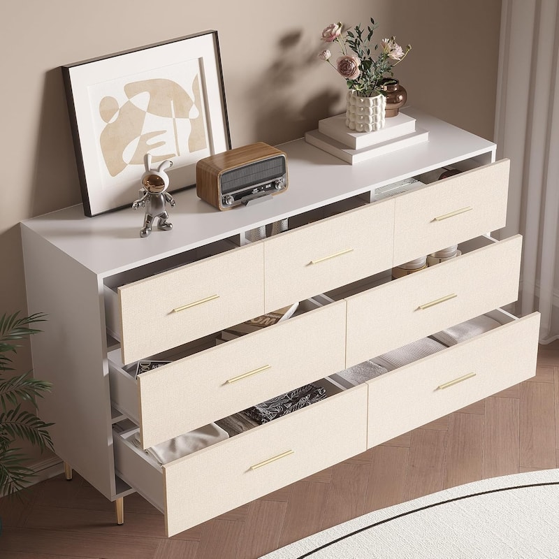 Modern Dresser for Bedroom, Fabric Pattern Chest of Drawer with Gold Metal Handles and Legs