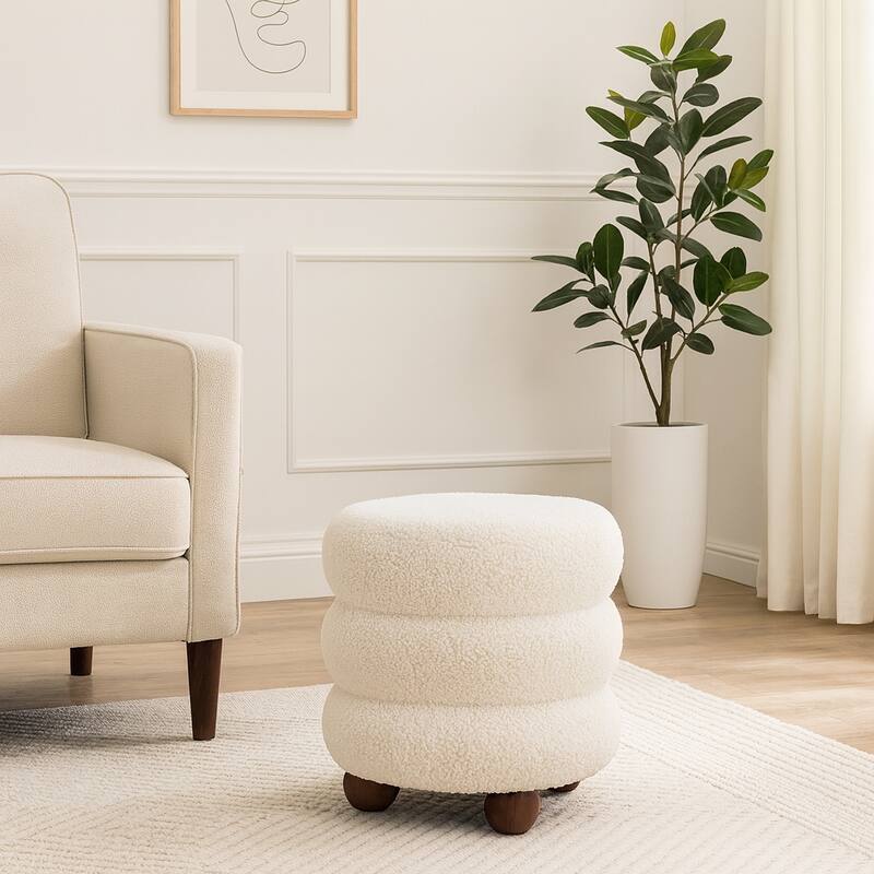 Decorative Round Ottoman with Ribbed Design and Ball Feet- 18", Ivory