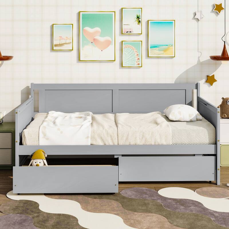Pine Wood Sofa Bed, Twin Size Daybed with Pull-out Storage Drawers Storage Bed Platform Bed with Panel Headboard and Footboard