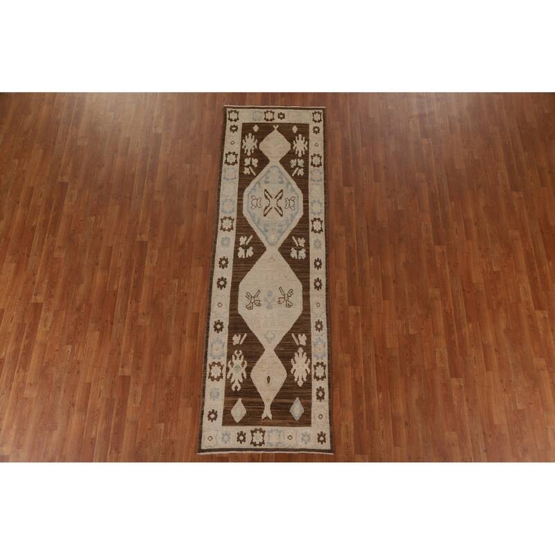 Geometric Oushak Turkish Runner Rug Handmade Wool Carpet - 2'10"x 9'1"