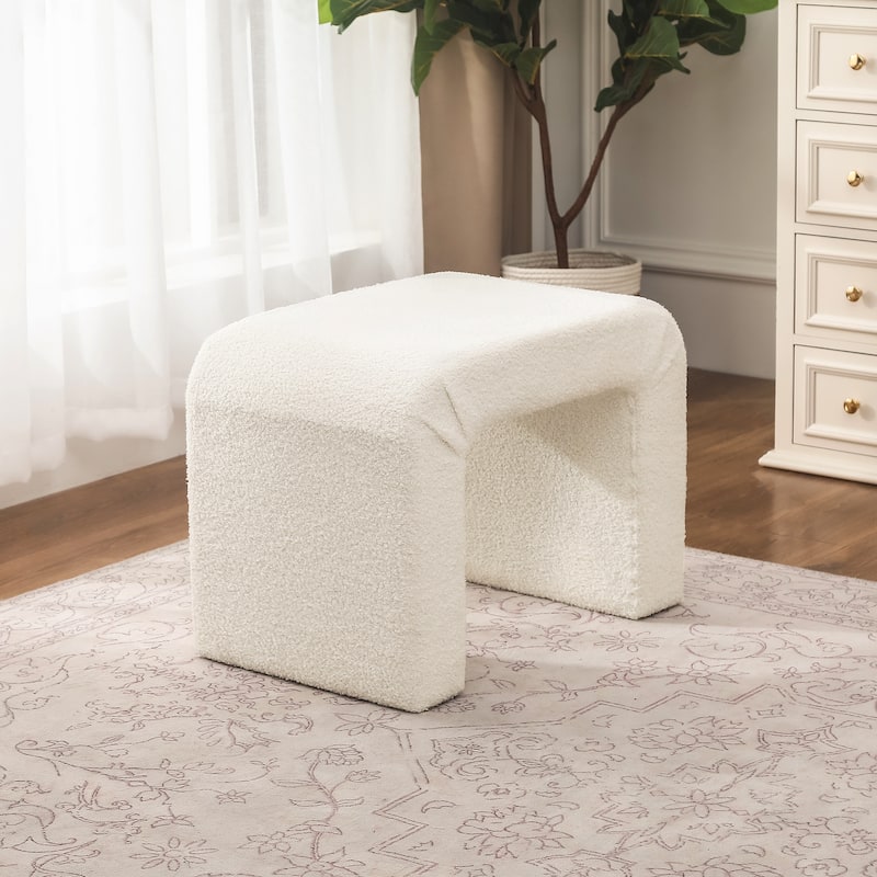 Adeco Velvet Footrest Ottoman for Living Room Bedroom - White-tufted faux shearling