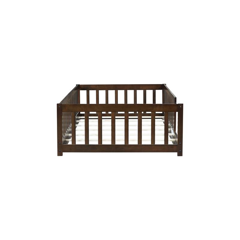 Roomfitters Twin Rubber Wood Floor Bed with Fence, Safety Guardrails, Low Profile Platform Design