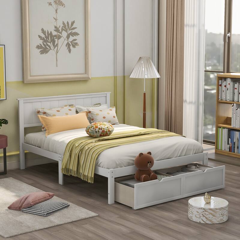 White Full Size Platform Bed with Under-bed Storage Drawers and Solid Pine Frame - White