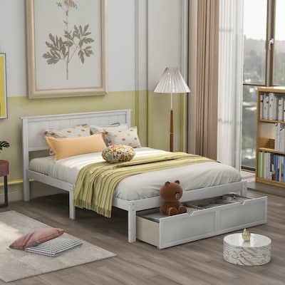 White Pine Wood Full Size Platform Bed with Under-Bed Drawers - Modern Design, Sturdy Frame, Spacious Storage