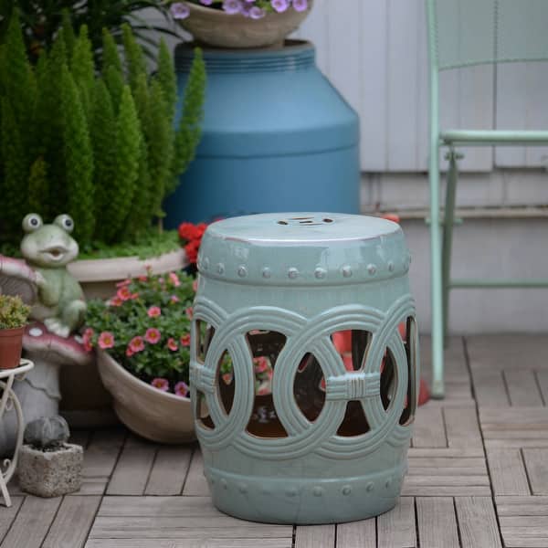slide 2 of 6, Outsunny 14" Multi-Use Ceramic Garden Stool / Round Side Table / Foot Rest with Knotted Ring Design Antique-Blue Green