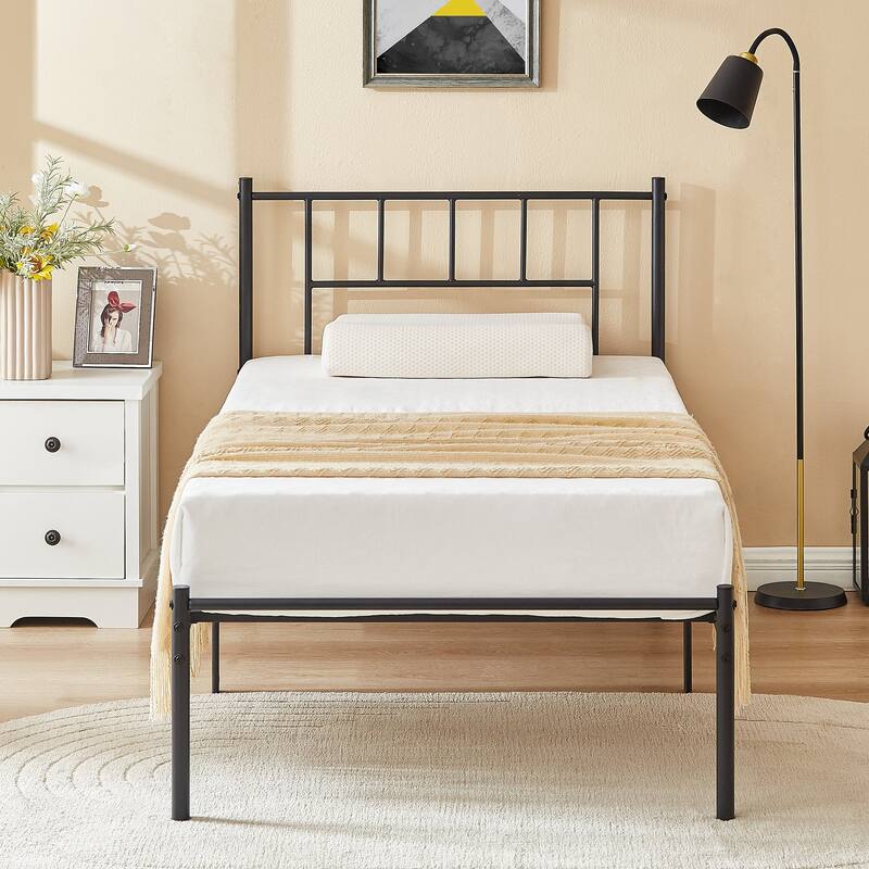 VECELO Victorian Style 14 Inch Metal Platform Bed Frame with Headboard, Heavy Duty Steel Slat Support, No Box Spring Needed - Black - Twin