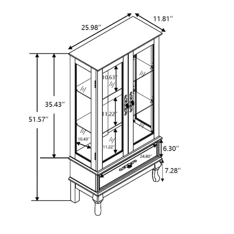 Elegant Glass Curio Display Cabinet with 1 Drawer