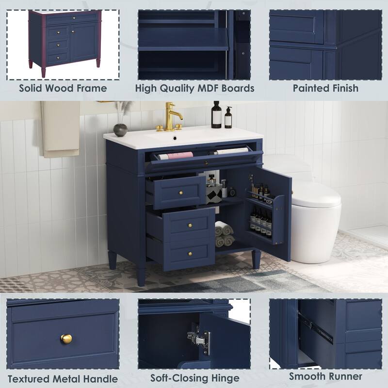 36" Bathroom Vanity with Ceramic Sink, Ample Storage with 2 Drawers and Tip-out Drawer, Modern Design