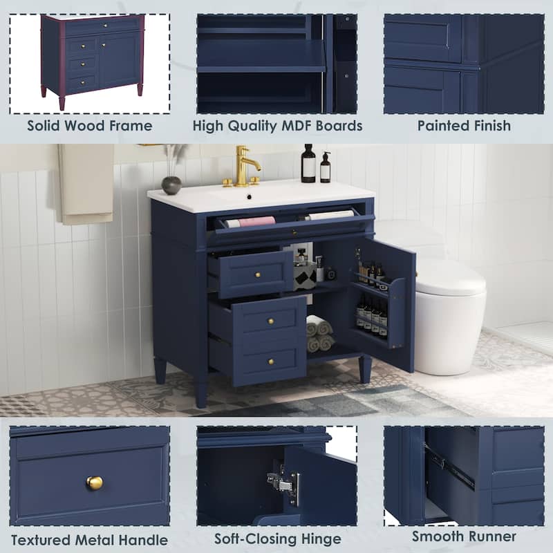 36 Inch Bathroom Vanity with Sink Top, Freestanding Storage Cabinet with 3 Drawers and Single Door, Modern Style