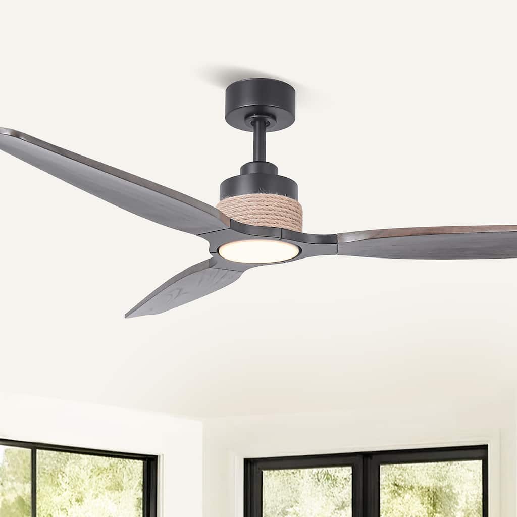 Parrot Uncle 56" Modern Natural Black Solid Wood Jute Dimmable Ceiling Fan with Light and Remote